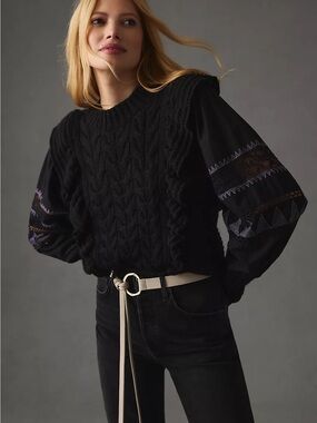 Anthropologie Black Cable-Knit Puff Sleeve Sweater with Embroidered Sleeves
